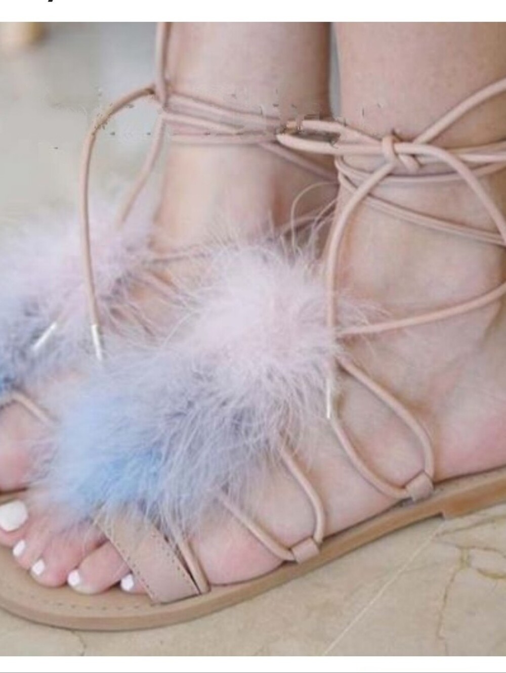 Zara Faux Fur Feather Lace Up Gladiator Flat Sandals NWT Sz 39/8 - Picture 6 of 6